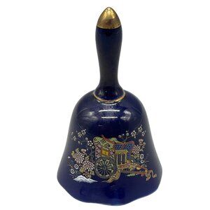 ceramic cobalt blue bell Japanese porcelain gold handle tip floral carriage READ